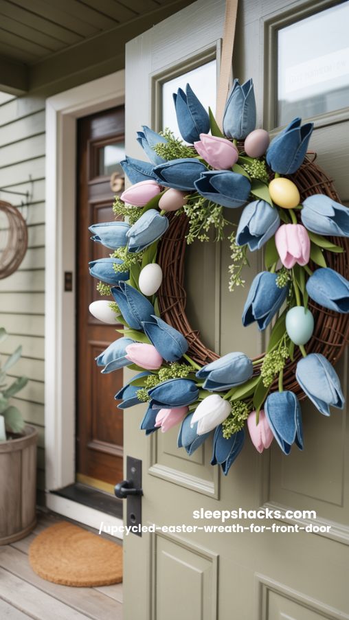 Recycled Denim Tulip Easter Wreath for Front Door
