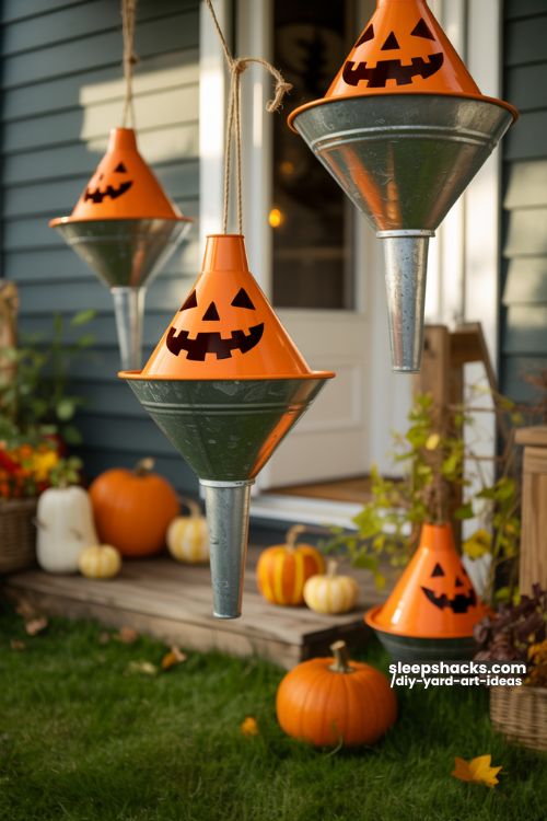 Repurposed Funnel Jack-o’-Lanterns for Backyard