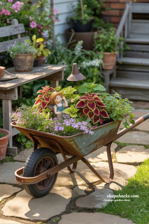 Repurposed Wheelbarrow Flower Beds with Whimsical Vintage Charm