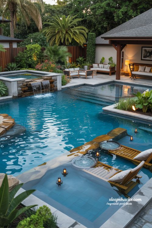 Resort Style Inground Pool with Waterfall Raised Spa and Tropical Landscaping