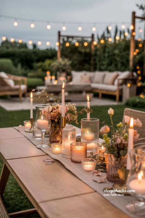 Romantic Candlelit Patio Table Decor With Flowers And Soft Lighting