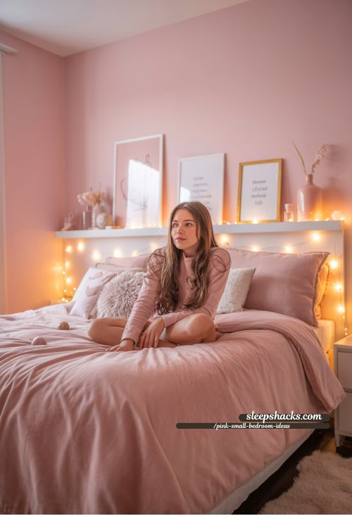 Romantic Small Pink Bedroom With Fairy Lights And Cozy Textures