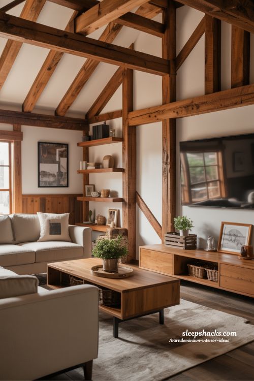 Rustic Beams and Wooden Accents Barndominium Interior