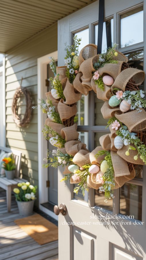 Rustic Burlap Beauty Cheap Easter Wreath on Front Door