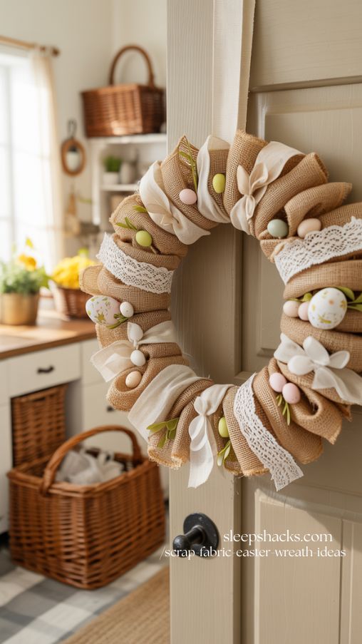 Rustic Burlap and Lace Scrap Fabric Easter Wreath