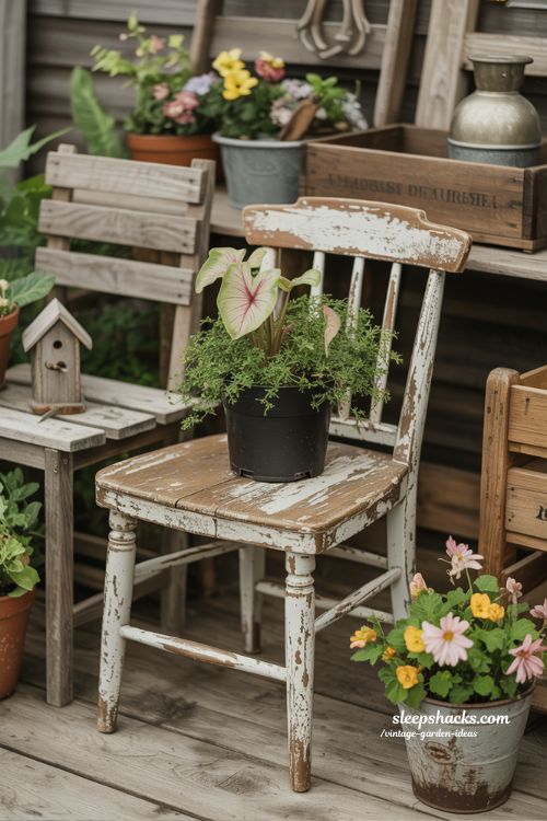 Rustic Chair Plant Displays with Whimsical Vintage Garden Charm