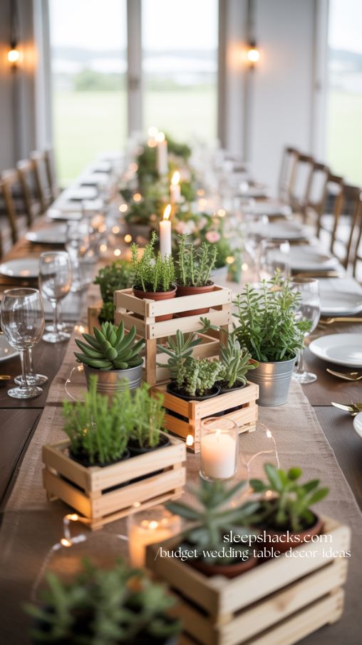 Rustic Crate and Potted Plant Wedding Table Decor Ideas on a Budget