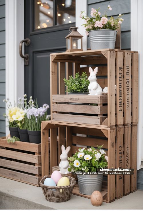 Rustic Crates with Seasonal Display for Townhouse Front Porch