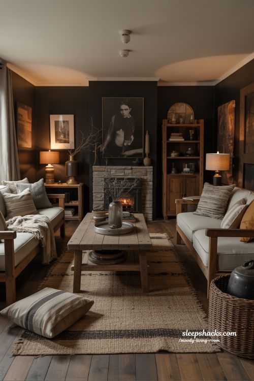 Rustic Dark Wood Stone and Warmth Moody Living Room