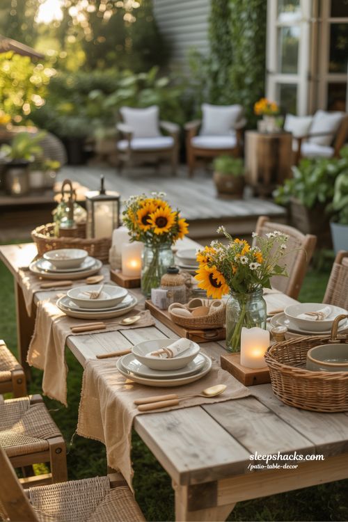 Rustic Farmhouse Patio Table Decor With Mason Jars And Burlap