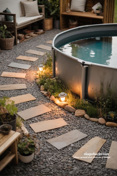 Rustic Gravel Pathway Above Ground Pool Budget Backyard Idea