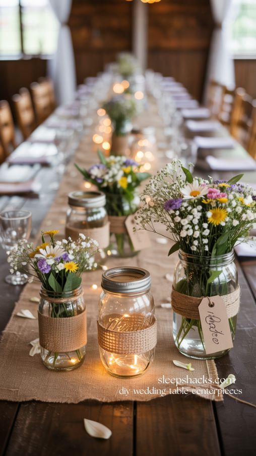 Rustic Mason Jar Wedding Table Centerpieces