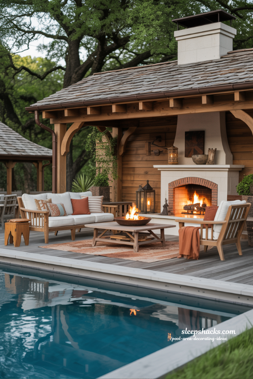 Rustic Outdoor Hearth Pool Deck Ideas for Warm and Inviting Backyard Spaces