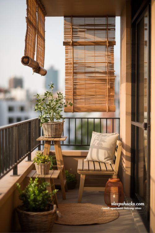 Rustic Small Apartment Balcony With Wooden Bench Bamboo Blinds And Wicker Plants