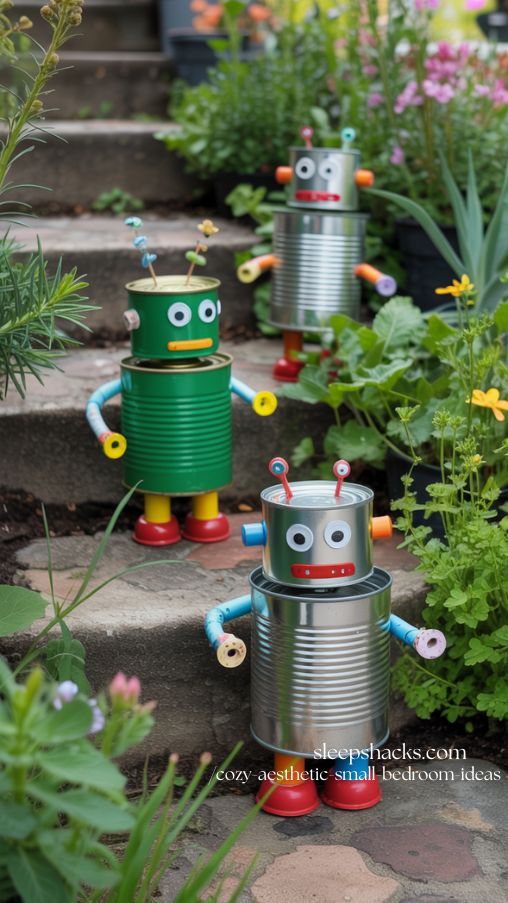 Rustic Tin Can Robots for Playful Upcycled Garden Art