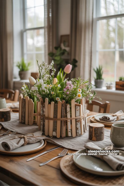 Rustic Wooden Centerpiece with Seasonal Flowers for Sustainable Easter