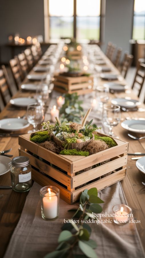 Rustic Wooden Crate Centerpieces for Budget Wedding Table Decor Ideas