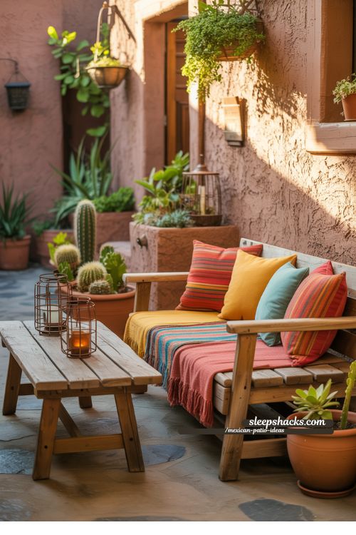 Rustic Wooden Furniture Mexican Patio with Colorful Cushions