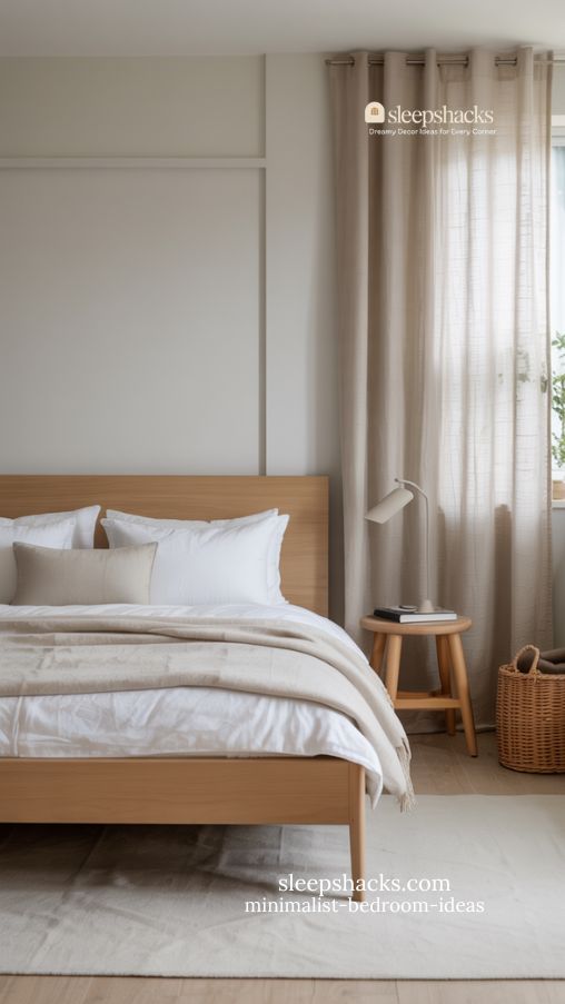 Scandinavian minimalist bedroom with pale wood and cozy neutral layers