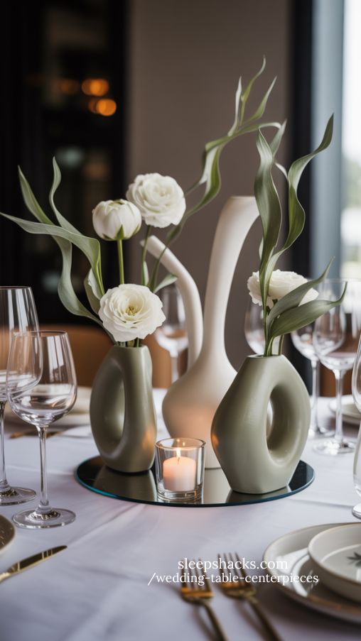 Sculptural White and Sage Wedding Table Centerpieces