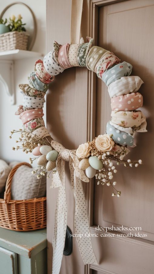 Shabby Chic Fabric Polka Dot and Rose Wreath for Spring