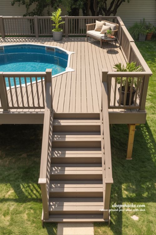 Side Platform Deck With Elevated Staircase Above Ground Pool Ideas