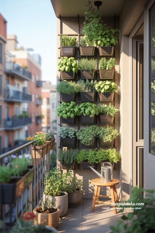 Small Apartment Balcony Vertical Garden With Herbs Hanging Planters And Flowers