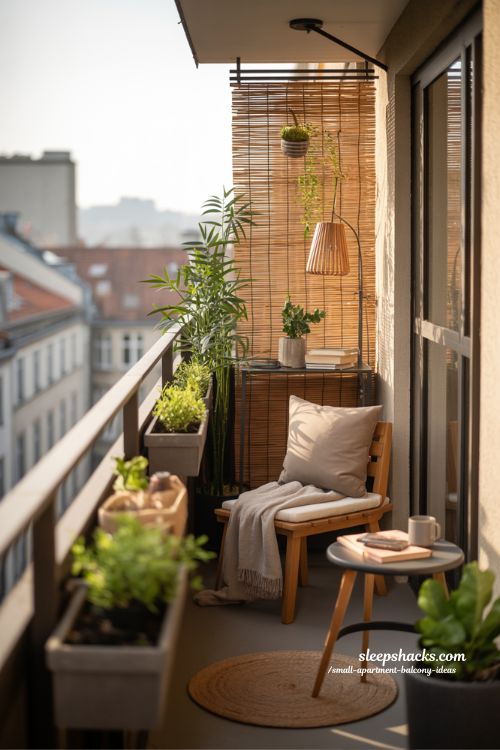 Small Apartment Balcony With Bamboo Screen Tall Plants And Cozy Seating