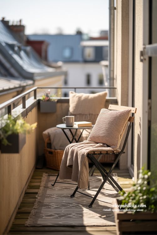 Small Apartment Balcony With Layered Rugs Throws And Cushions For Cozy Comfort