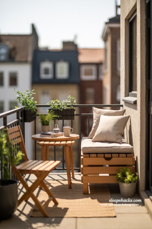 Small Apartment Balcony With Multifunctional Furniture Storage Bench And Nesting Tables