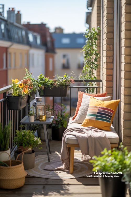 Small Apartment Balcony With Seasonal Cushions Plants And Cozy Decor