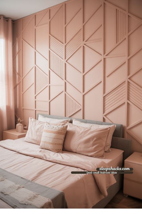 Small Bedroom With Blush Geometric Accent Wall And Minimalist Decor