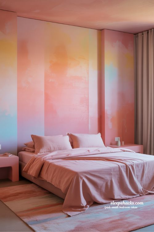 Small Bedroom With Pastel Gradient Blush Rose And Coral Walls