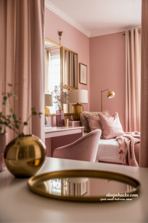 Small Pink Bedroom With Gold Accents And Velvet Textures