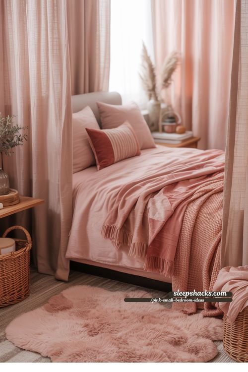 Small Pink Bedroom With Layered Textures And Natural Accents