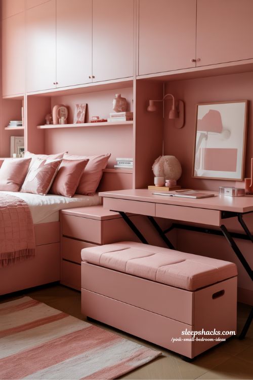 Small Pink Bedroom With Multi-Functional Furniture And Coordinated Accents