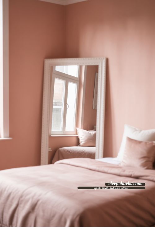Small Pink Bedroom With White-Framed Mirror And Airy Layout