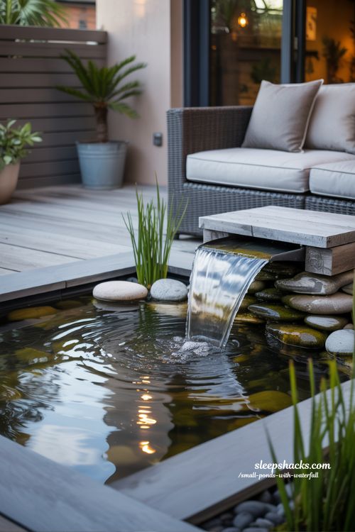 Small patio pond with gentle waterfall near seating area cozy backyard water feature