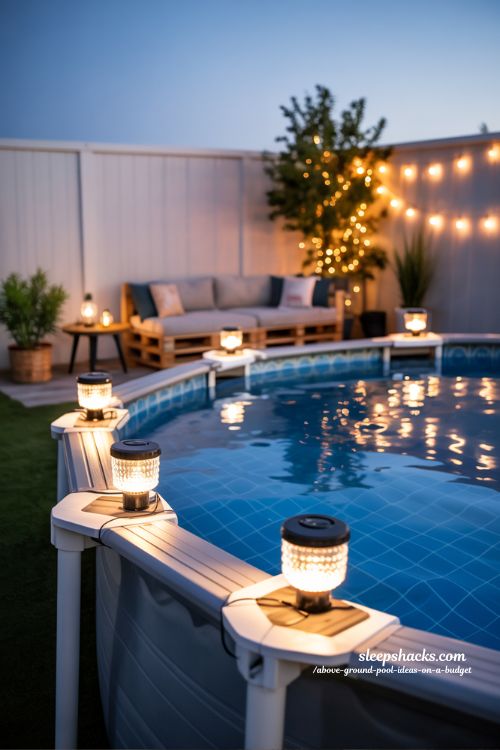 Solar-Powered Lights Above Ground Pool Budget Backyard Evening