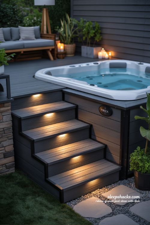 Spa Deck With Ambient Evening Lighting Above Ground Pool Ideas
