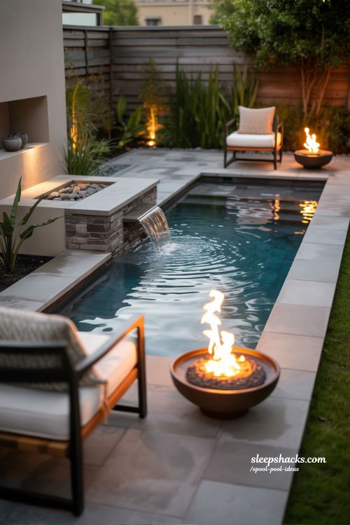 Spa-Like Backyard Spool Pool with Fire and Water Features