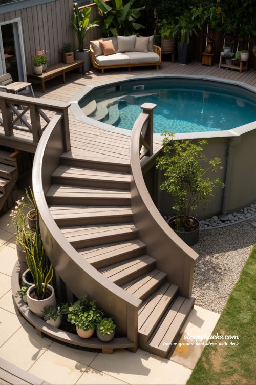 Spiral Staircase Statement Above Ground Pool Ideas