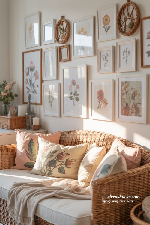 Spring Botanical Gallery Wall with Pastel Accents and Cozy Textures