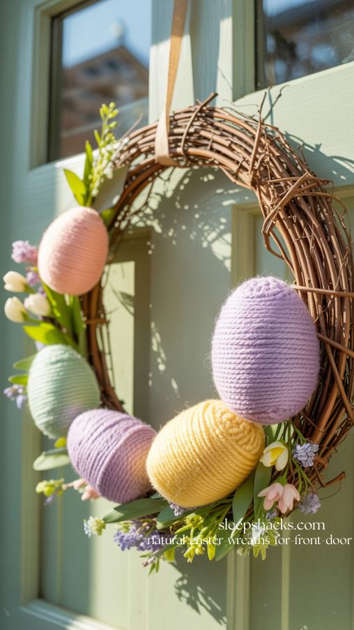 Spring Easter Egg Wreath with Yarn-Wrapped Eggs for Front Door
