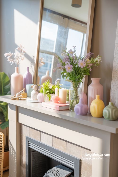 Spring Fireplace Decor Ideas with Pastel Accents and Fresh Flowers