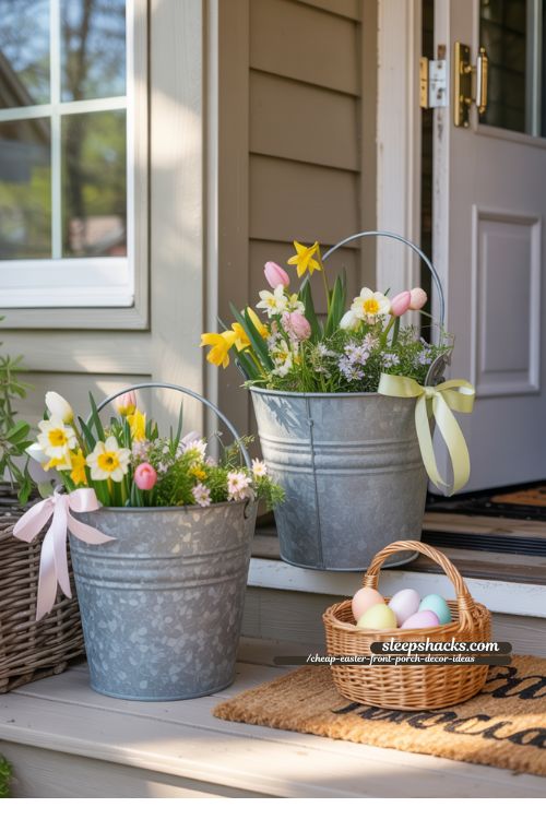 Spring Flower Buckets for Cheap Easter Front Porch Decor