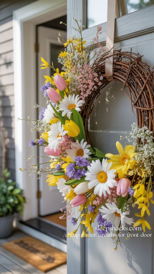 Spring Flower Explosion Cheap Easter Wreath on Front Door