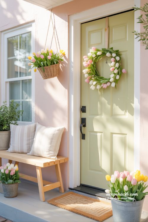 Spring Front Door Decor Ideas with Fresh Tulips and Cozy Entryway Styling