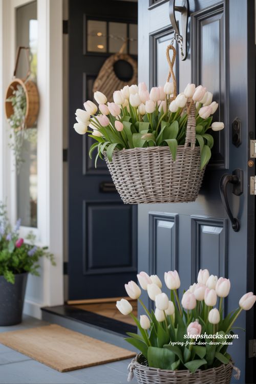 Spring Front Door Decor with Tulip Baskets for a Soft Welcoming Look