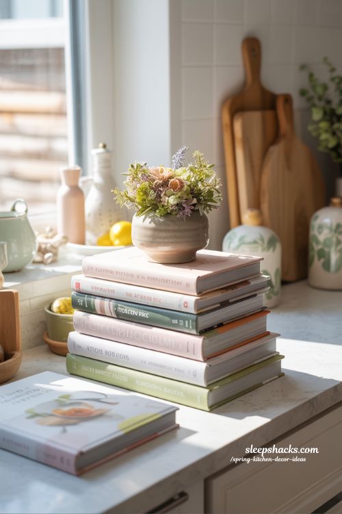 Spring Kitchen Styling with Layered Books for Height and Dimension